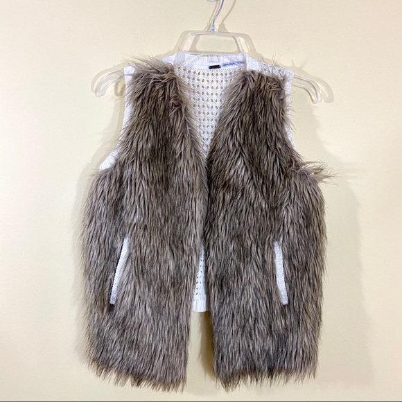 Poof! Jackets & Blazers - Poof Tan Faux Fur White Crochet Back Sweater Vest